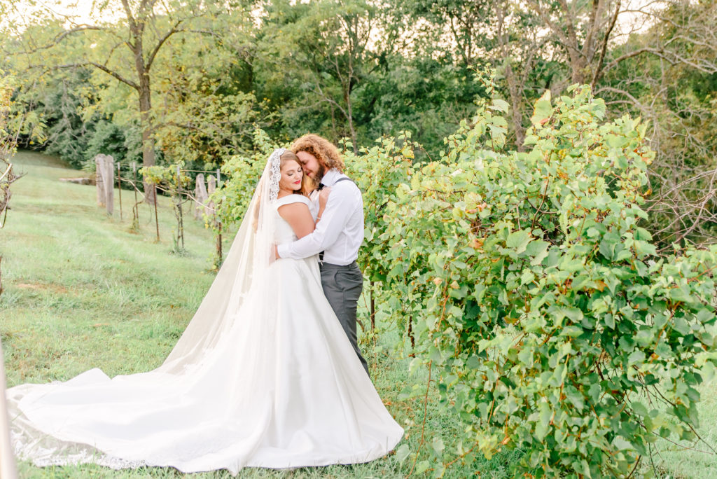 A bride and groom pose snuggled together in a vineyard on their wedding day.